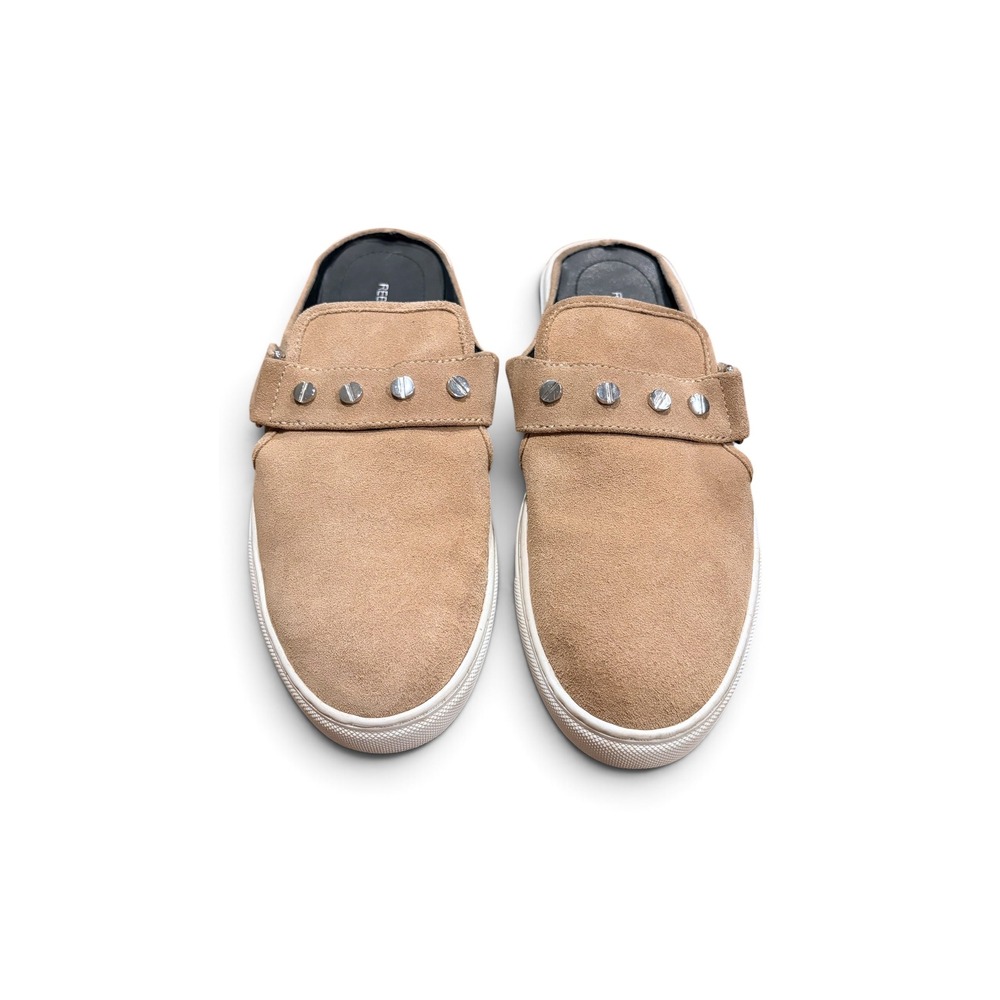 Rebecca Minkoff Suede Studded Mule Sneakers Women 8.5 Tan Beige Buckle Flats - Picture 2 of 7